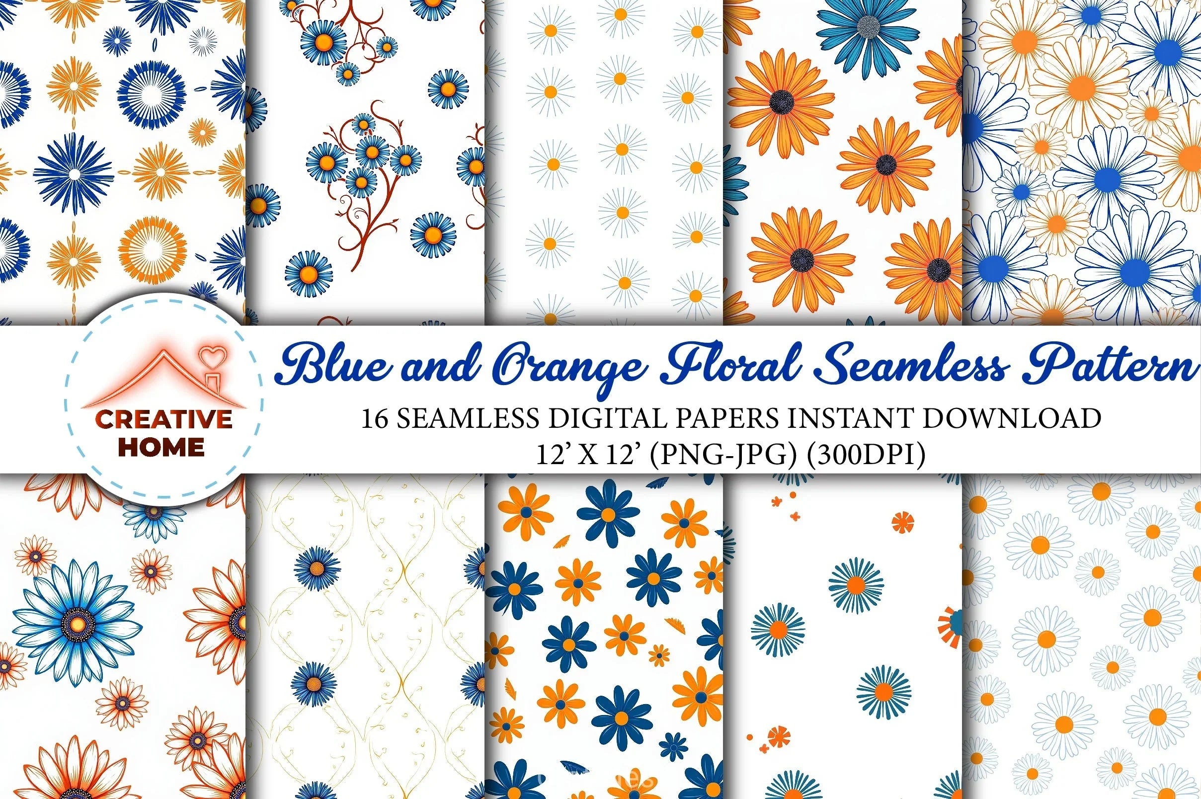 Blue Orange Floral Pattern Digital Paper - CraftNest - Digital Crafting and Art