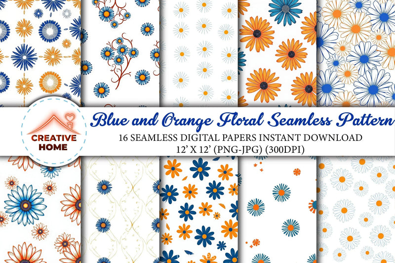 Blue Orange Floral Pattern Digital Paper - CraftNest - Digital Crafting and Art