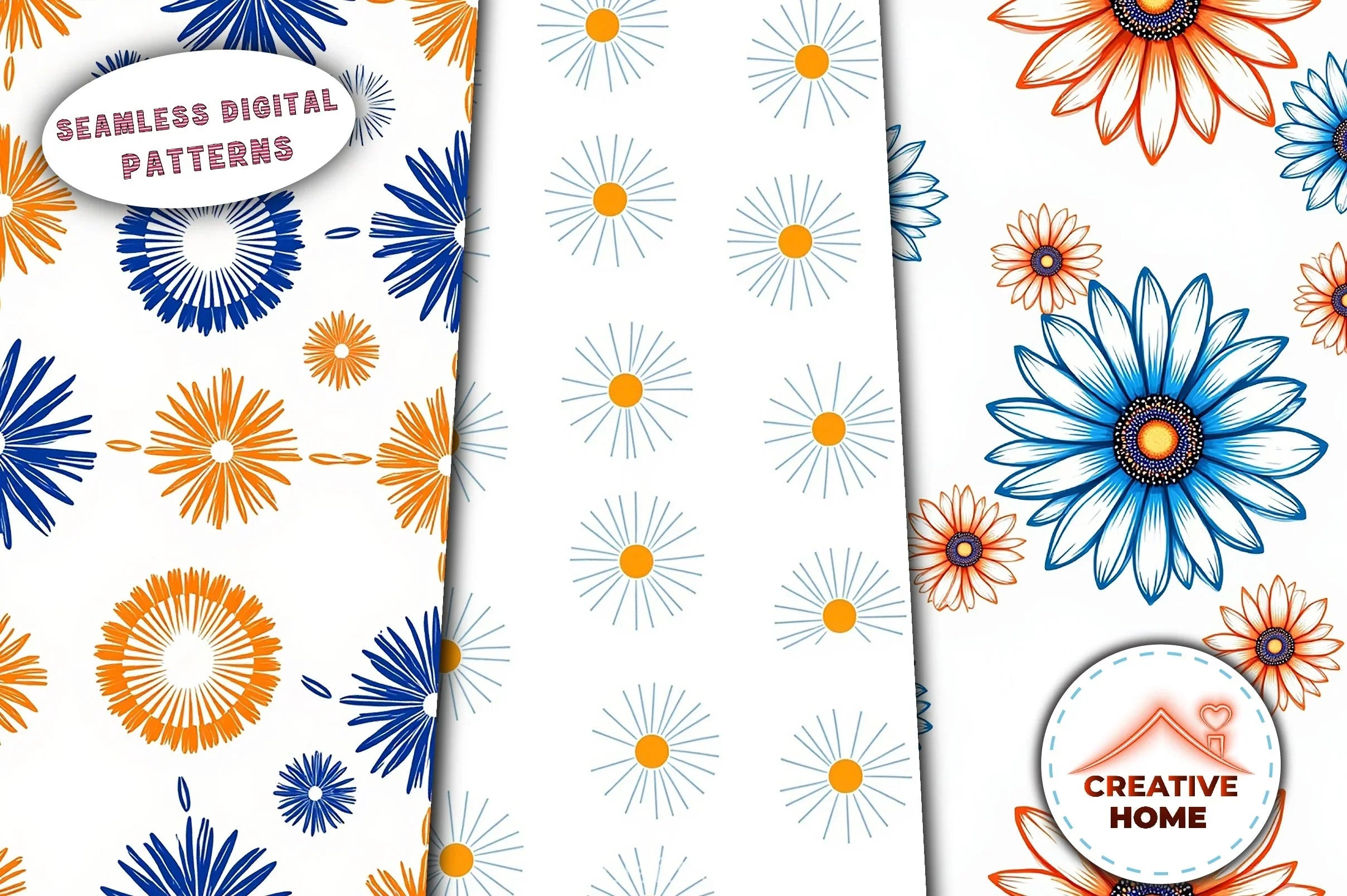 Blue Orange Floral Pattern Digital Paper - CraftNest - Digital Crafting and Art