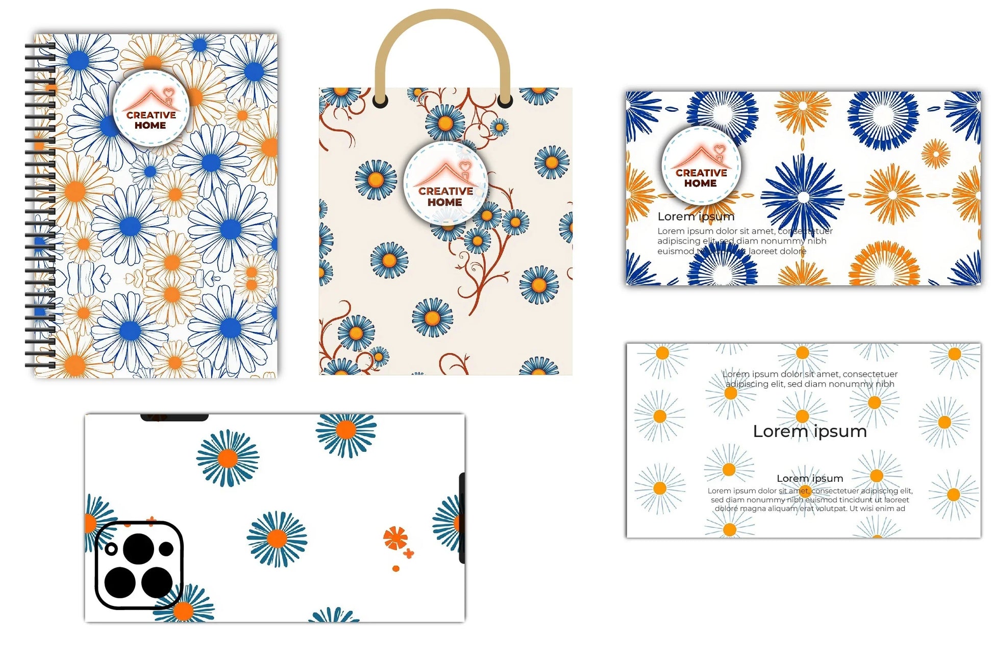 Blue Orange Floral Pattern Digital Paper - CraftNest - Digital Crafting and Art