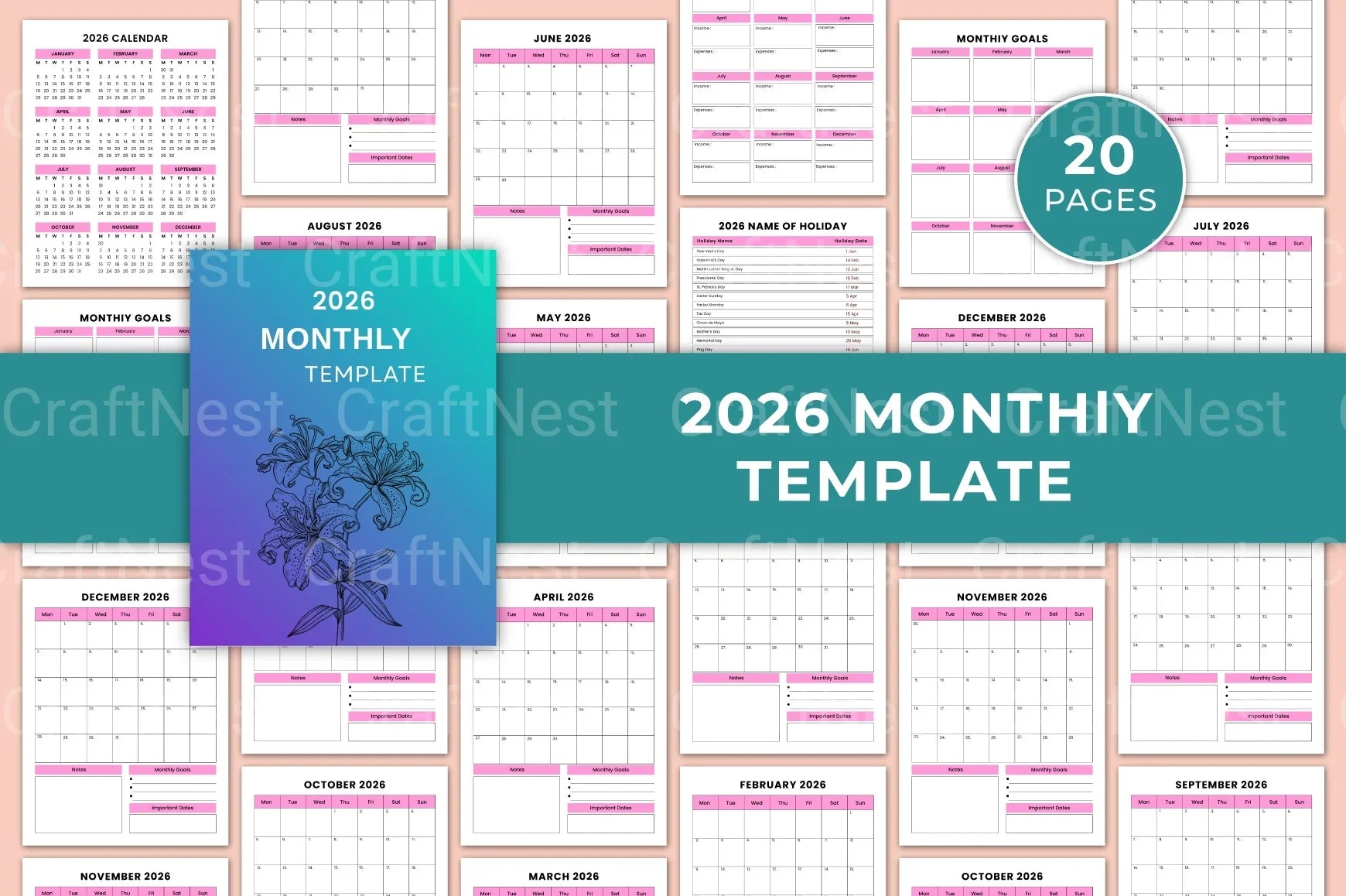 Monthly Planner Template - CraftNest - Digital Crafting and Art