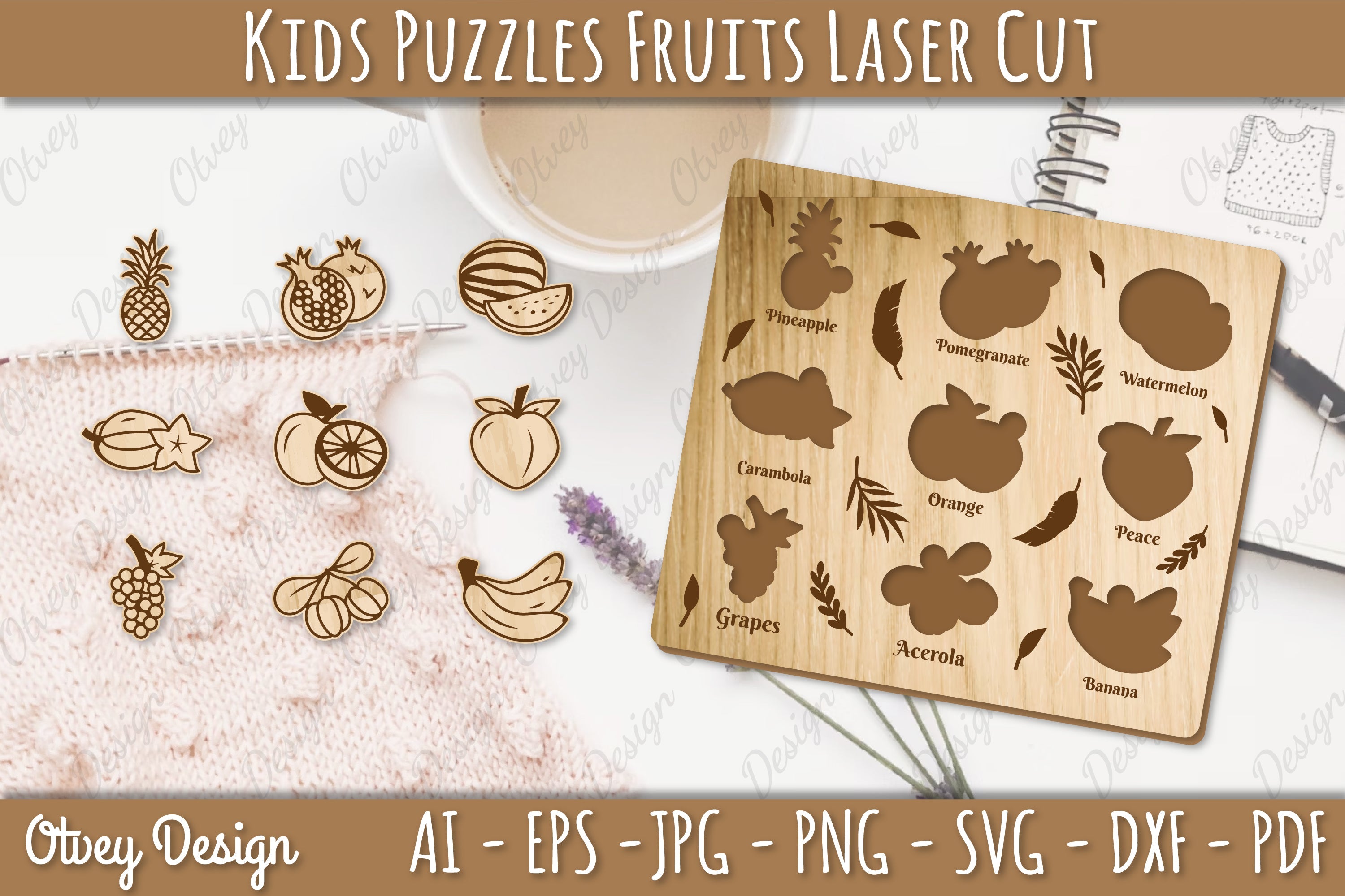 Kids Fruit Puzzles SVG Bundle Educational Laser Cut