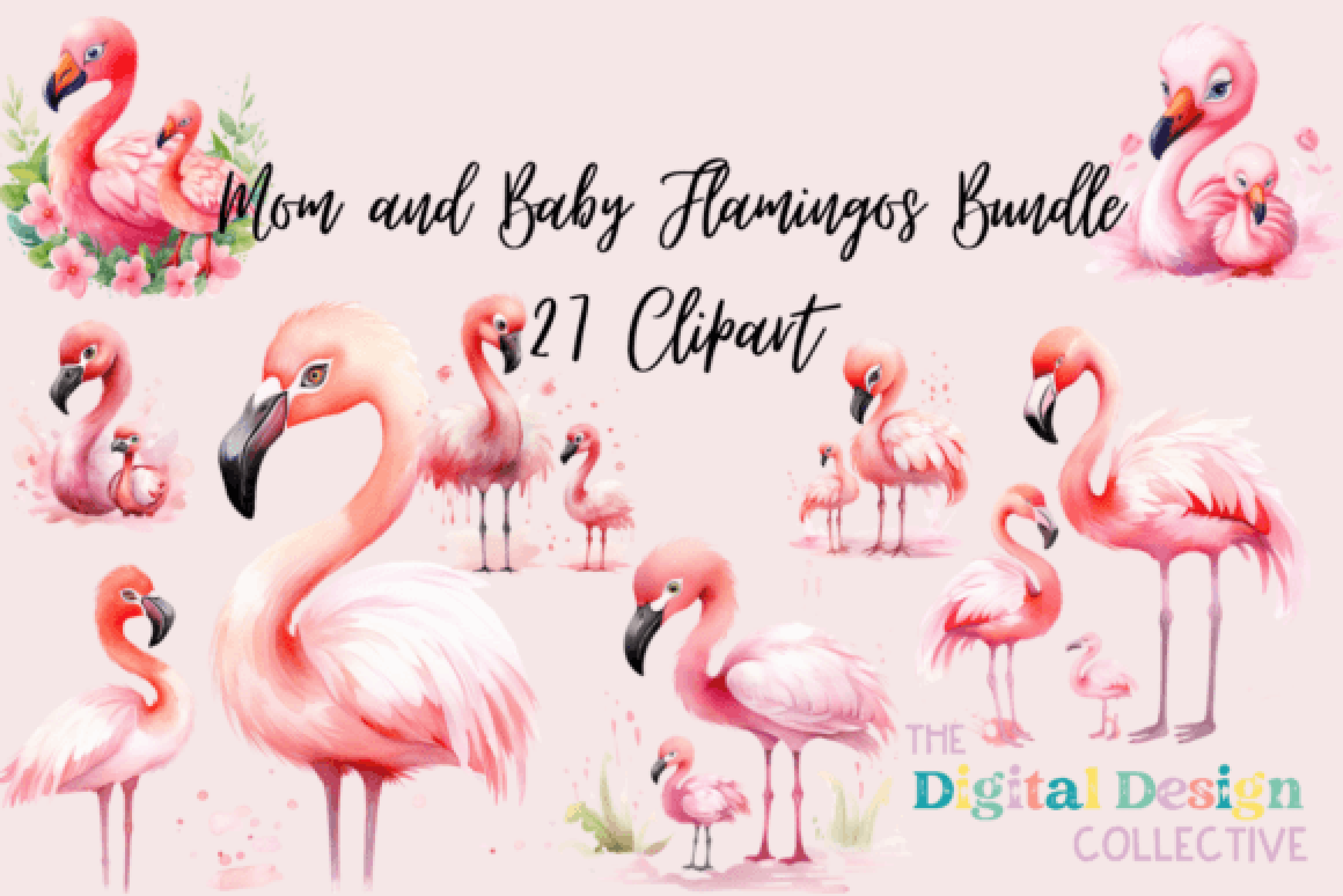 Adorable Mom and Baby Flamingos Clipart Bundle