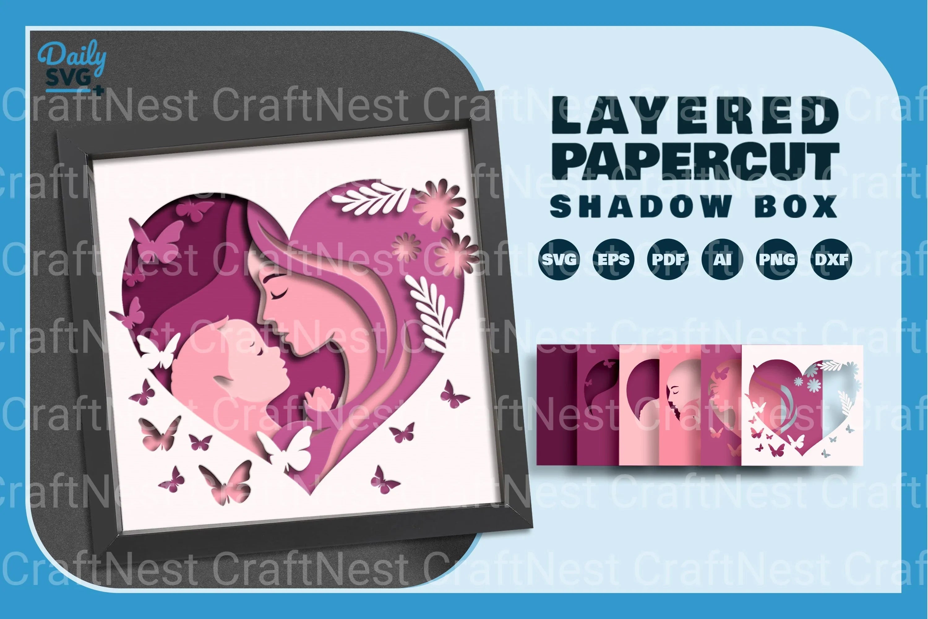 Mom and Baby Girl Heart Shape Papercut SVG Bundle