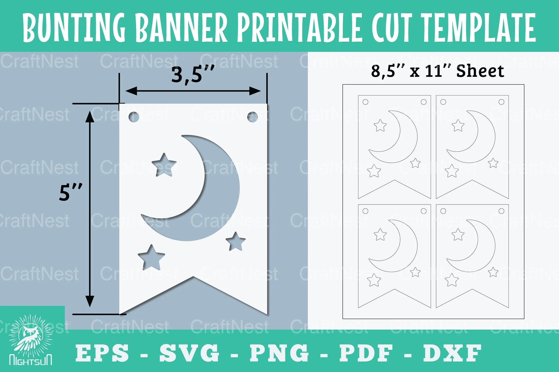 Moon and Stars Bunting Banner Template - Printable Cut Design - CraftNest - Digital Crafting and Art
