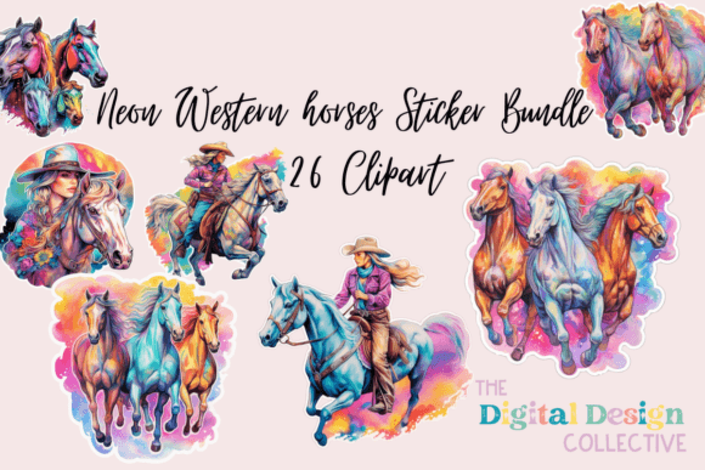 Neon Western Horses Sticker Clipart Bundle