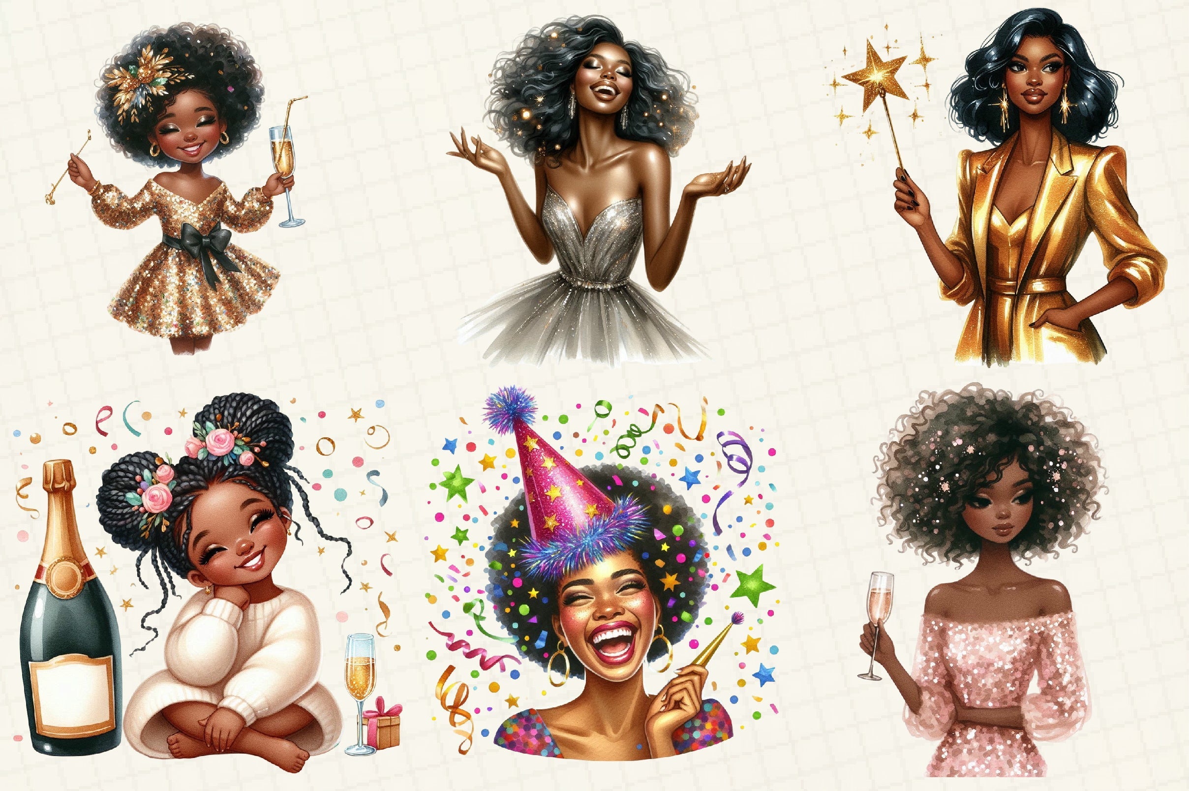 New Year Black American Girl Clipart Bundle