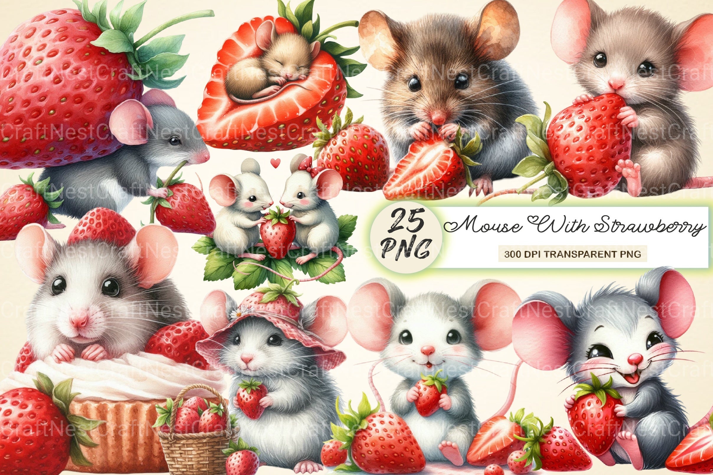 Mouse With Strawberry Clipart Bundle - CraftNest - Digital Crafting and Art