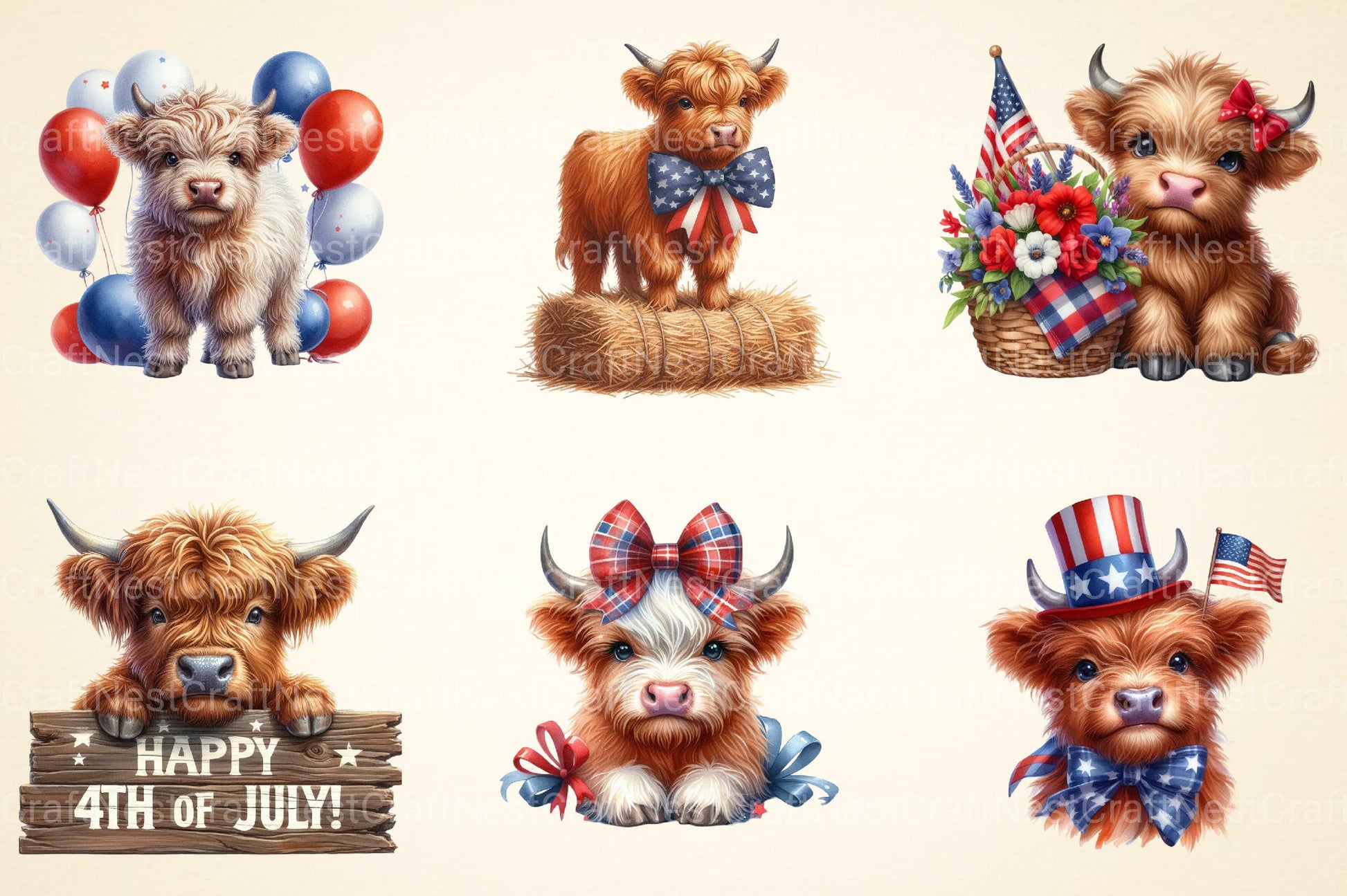 July 4th Highland Cow Clipart - CraftNest - Digital Crafting and Art