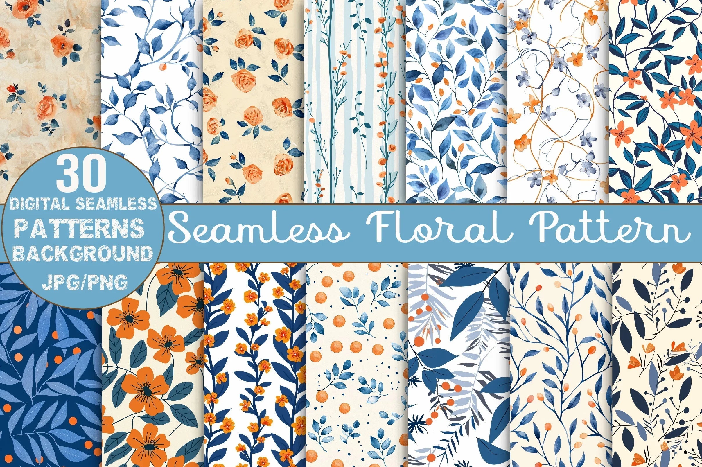 Orange & Blue Floral Pattern Clipart Bundle - CraftNest - Digital Crafting and Art