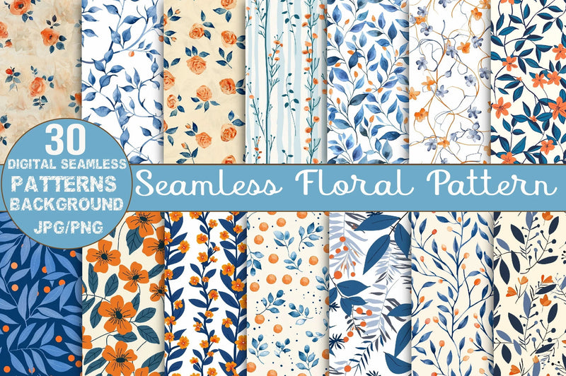 Orange & Blue Floral Pattern Clipart Bundle - CraftNest - Digital Crafting and Art
