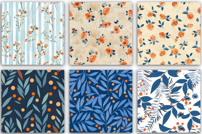 Orange & Blue Floral Pattern Clipart Bundle - CraftNest - Digital Crafting and Art