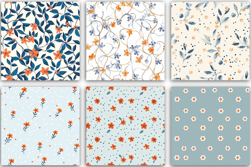 Orange & Blue Floral Pattern Clipart Bundle - CraftNest - Digital Crafting and Art