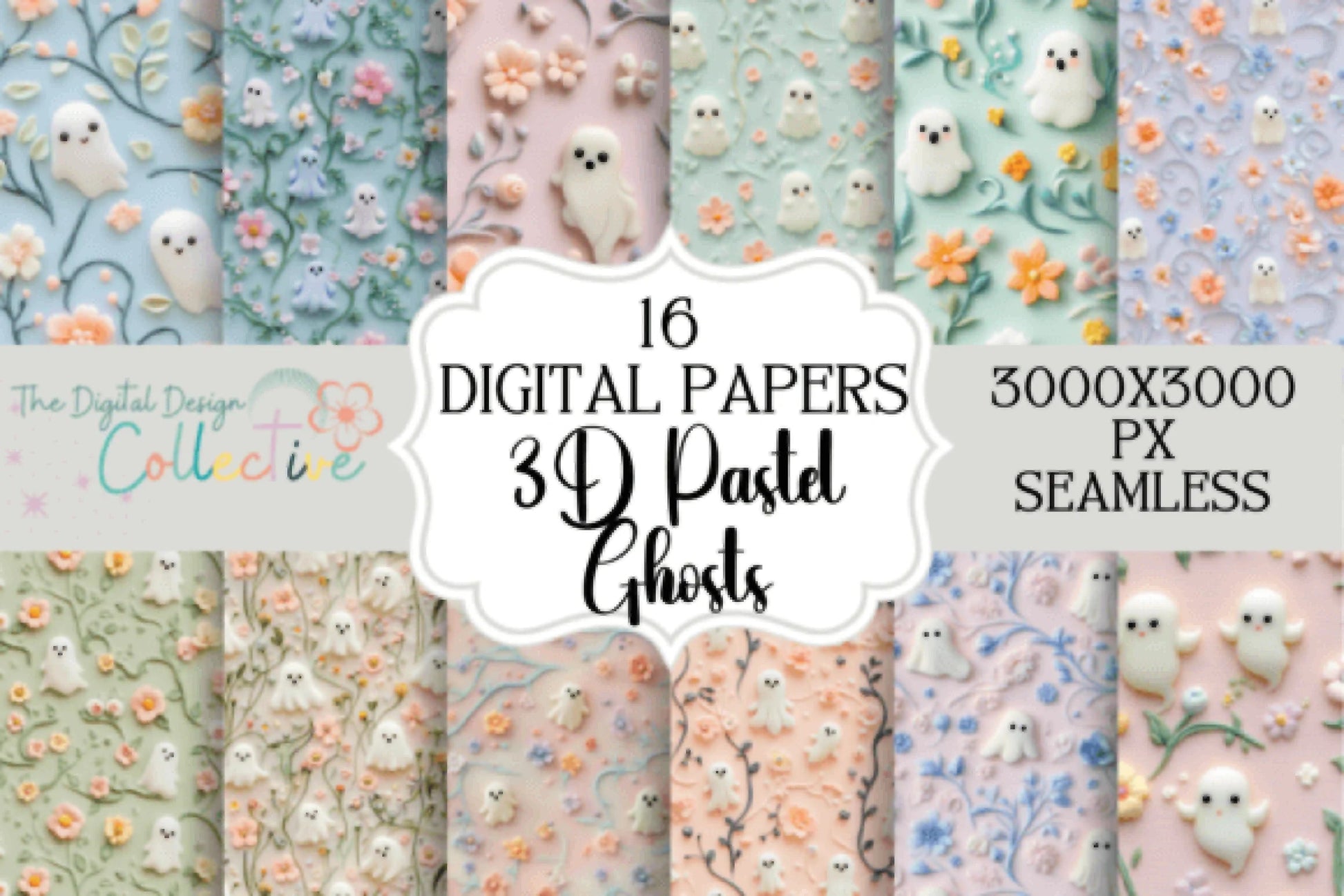 Pastel 3D Halloween Ghosts Seamless Digital Paper - CraftNest - Digital Crafting and Art