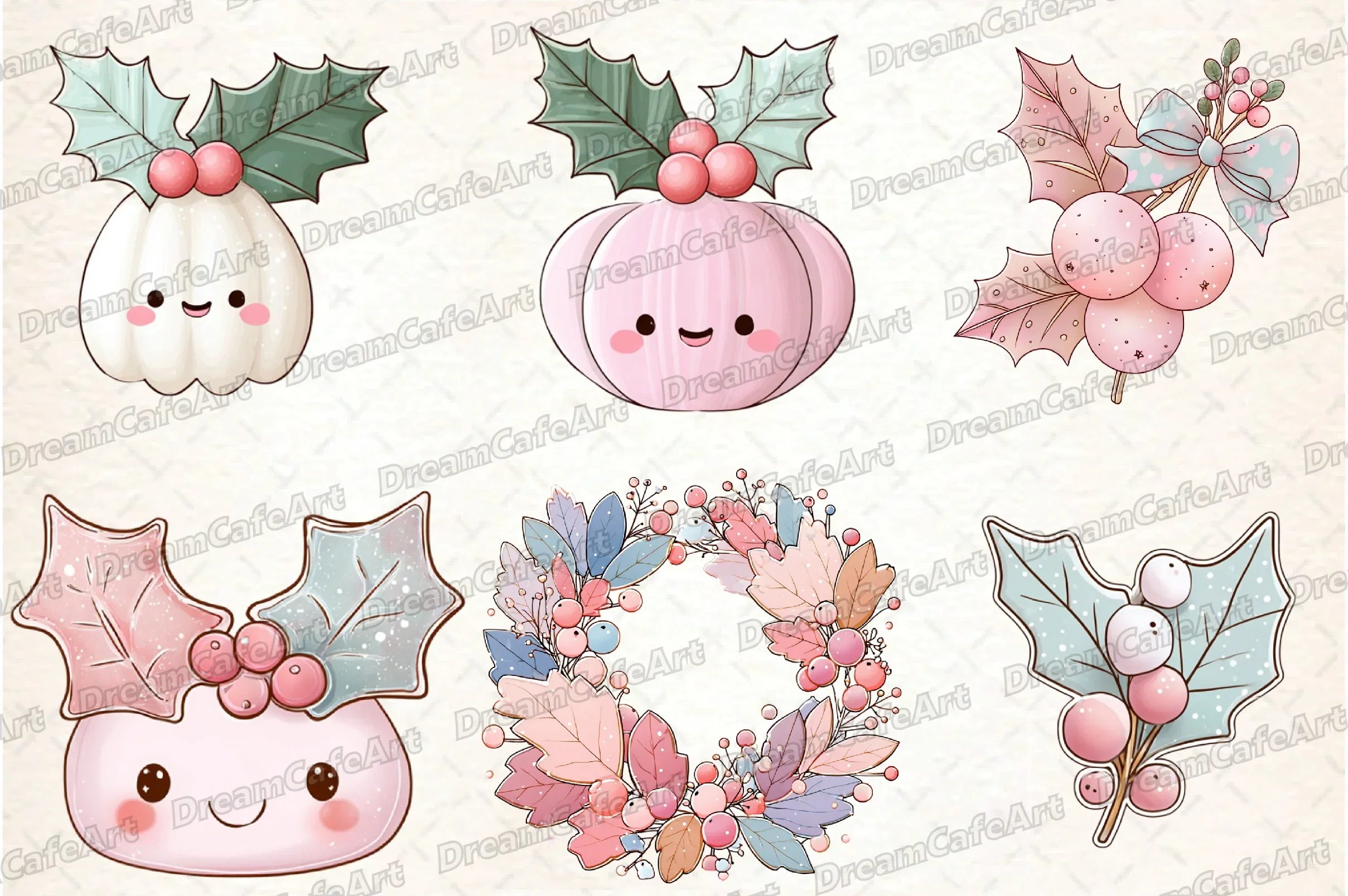 Pastel Kawaii Holly Leaves & Berries Clipart Bundle - CraftNest - Digital Crafting and Art