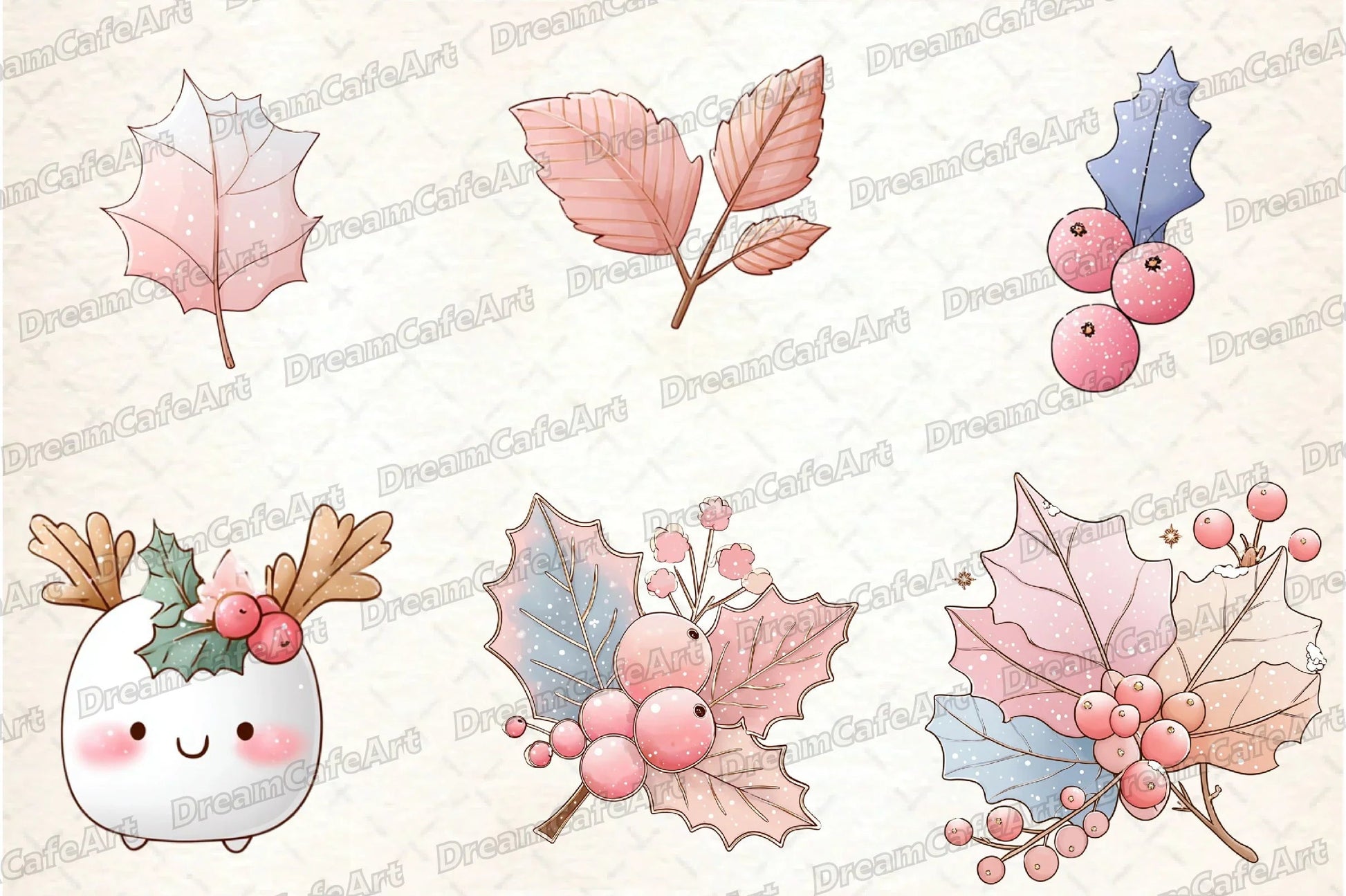 Pastel Kawaii Holly Leaves & Berries Clipart Bundle - CraftNest - Digital Crafting and Art