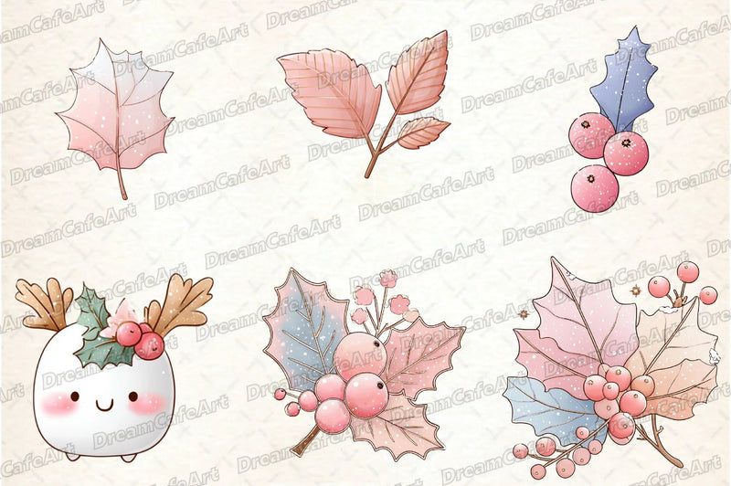 Pastel Kawaii Holly Leaves & Berries Clipart Bundle - CraftNest - Digital Crafting and Art