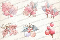 Pastel Kawaii Holly Leaves & Berries Clipart Bundle - CraftNest - Digital Crafting and Art