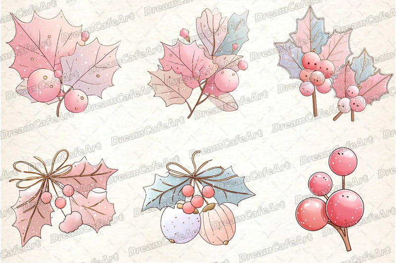 Pastel Kawaii Holly Leaves & Berries Clipart Bundle - CraftNest - Digital Crafting and Art