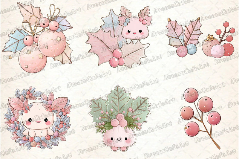 Pastel Kawaii Holly Leaves & Berries Clipart Bundle - CraftNest - Digital Crafting and Art