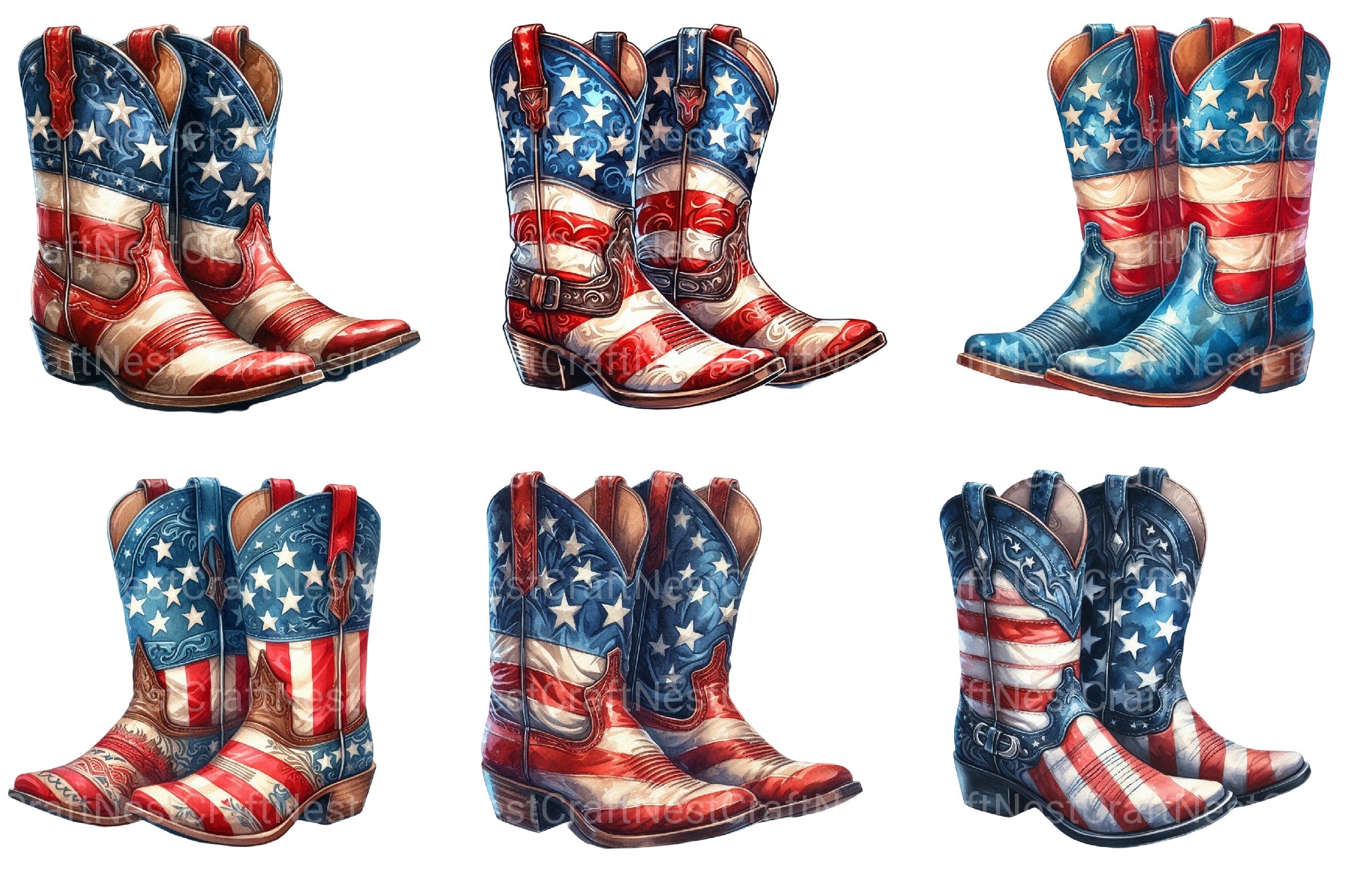 Patriotic 4th Of July Cowboy Boot Clipart Bundle