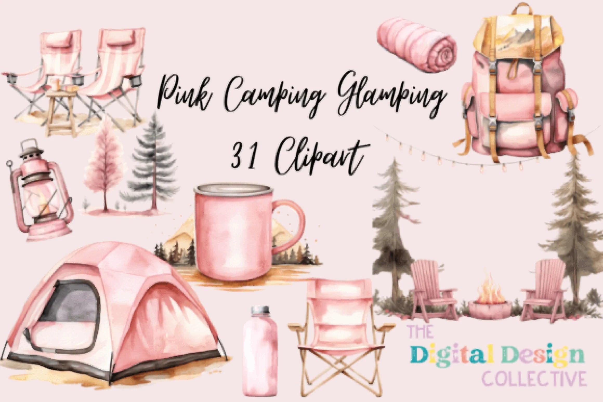 Pink Camping & Glamping Clipart Bundle - CraftNest - Digital Crafting and Art