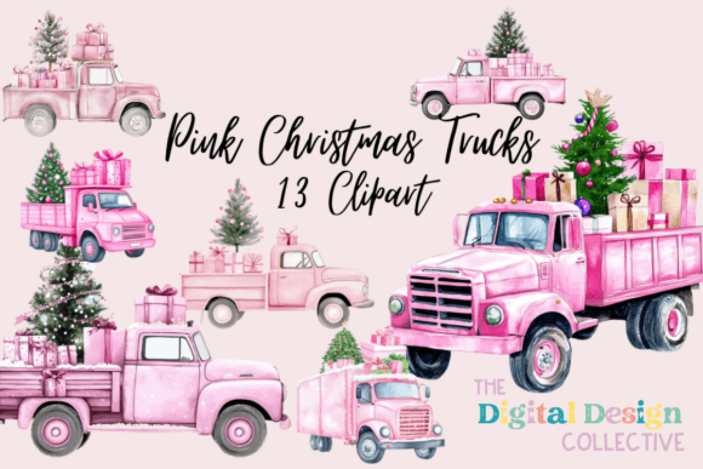 Pink Christmas Package Trucks Clipart Bundle