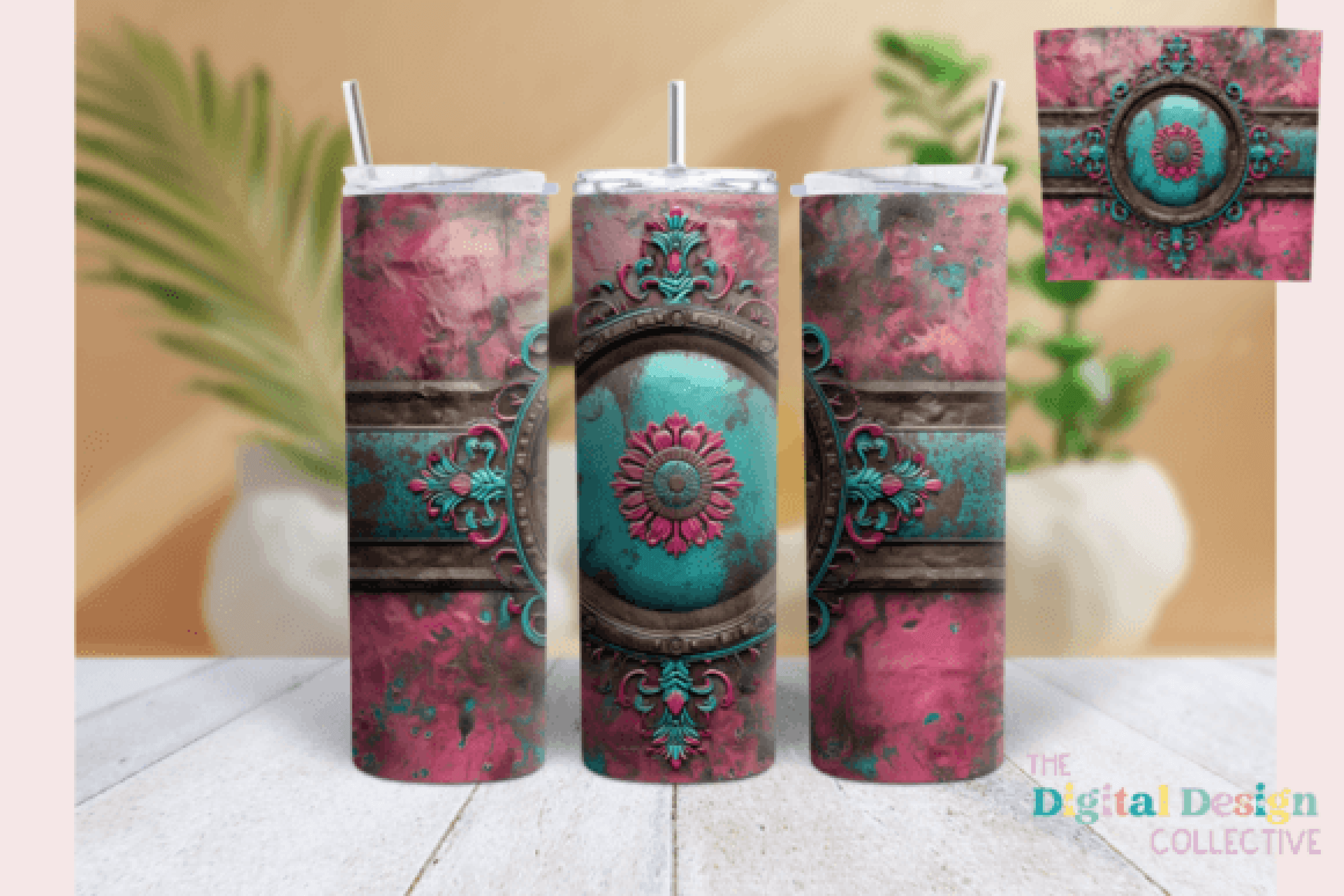 Stylish Pink Teal Western Tumbler Wrap Bundle - CraftNest - Digital Crafting and Art
