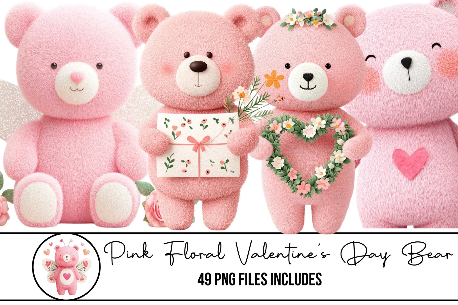Pink Floral Valentine's Day Bear Clipart Bundle - CraftNest - Digital Crafting and Art
