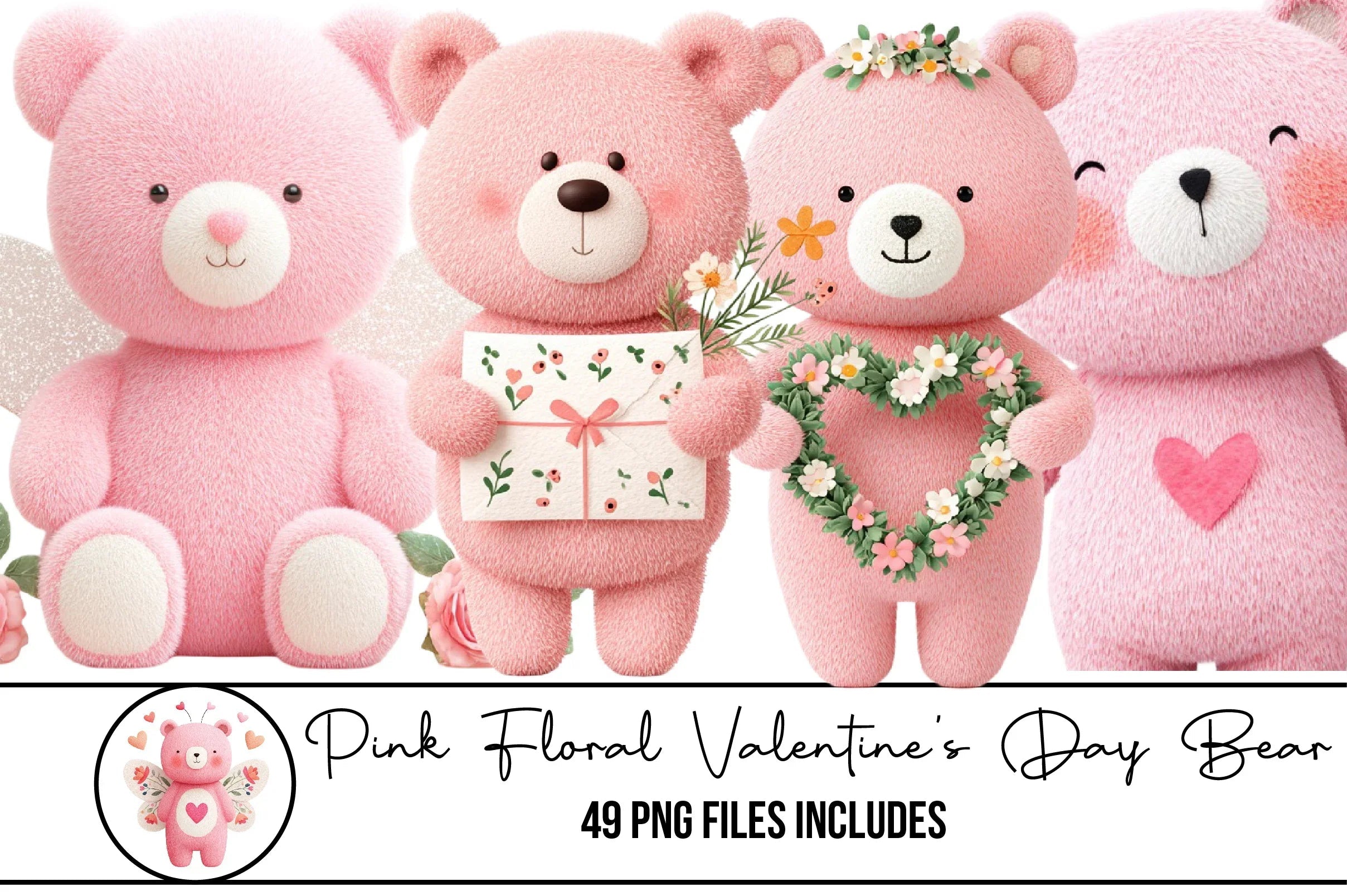 Pink Floral Valentine's Day Bear Clipart Bundle - CraftNest - Digital Crafting and Art