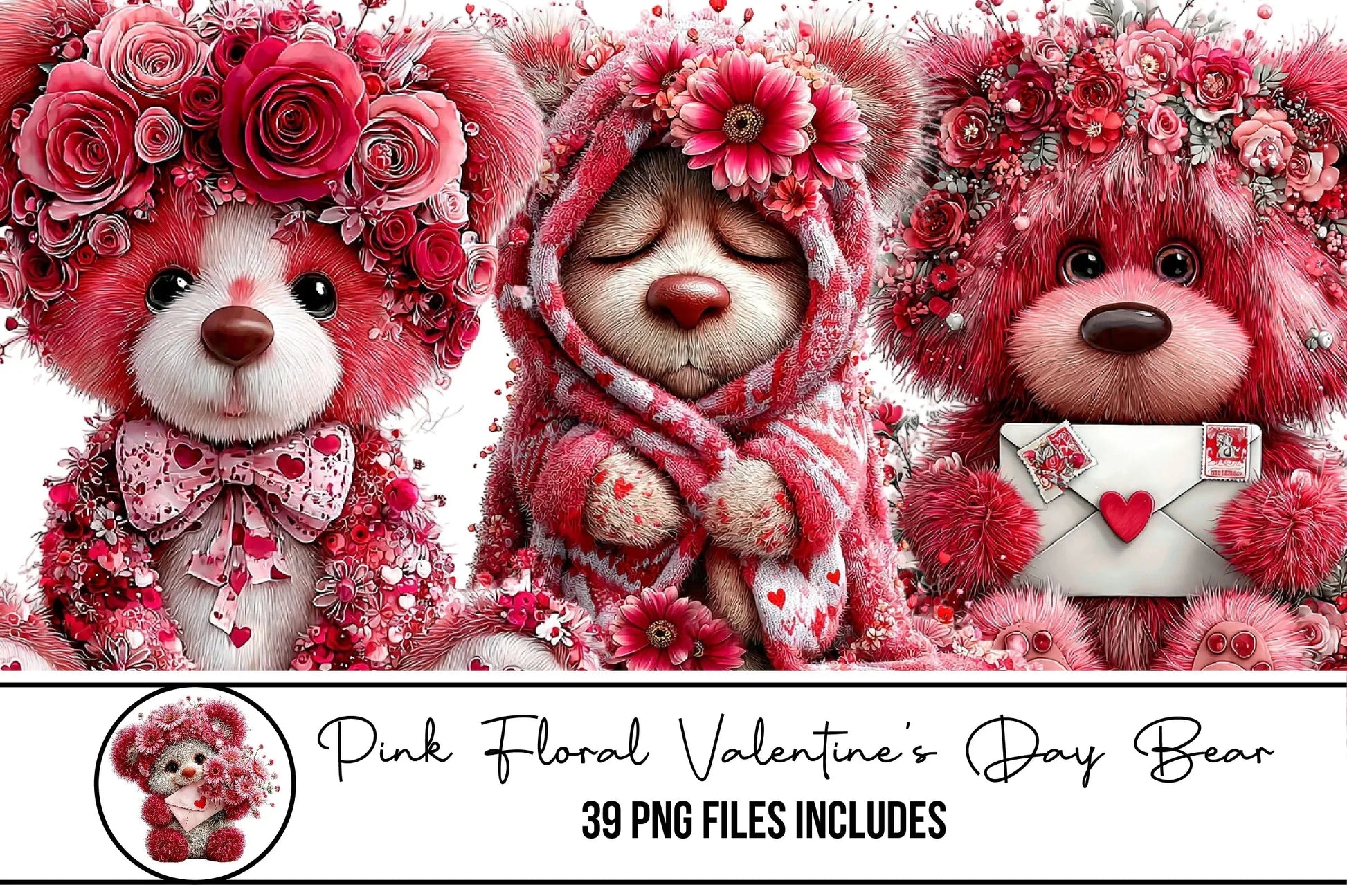 Pink Floral Valentine's Day Bear Clipart Bundle - CraftNest - Digital Crafting and Art
