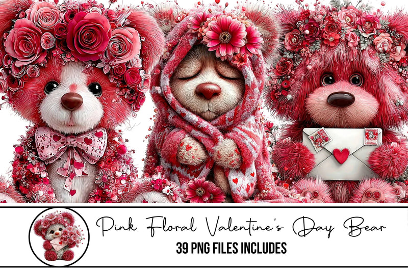 Pink Floral Valentine's Day Bear Clipart Bundle - CraftNest - Digital Crafting and Art