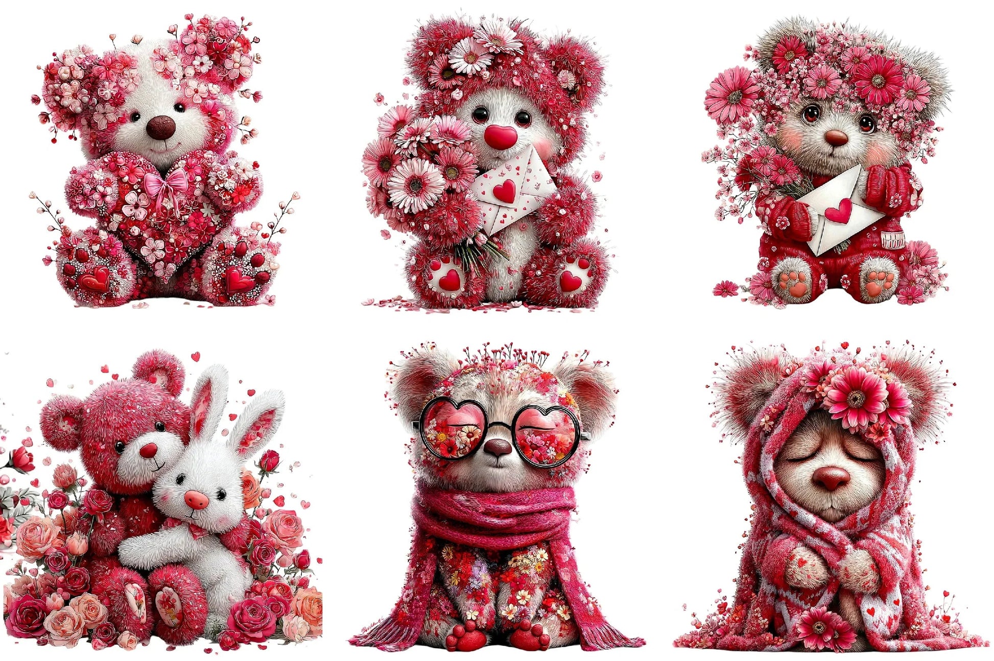 Pink Floral Valentine's Day Bear Clipart Bundle - CraftNest - Digital Crafting and Art