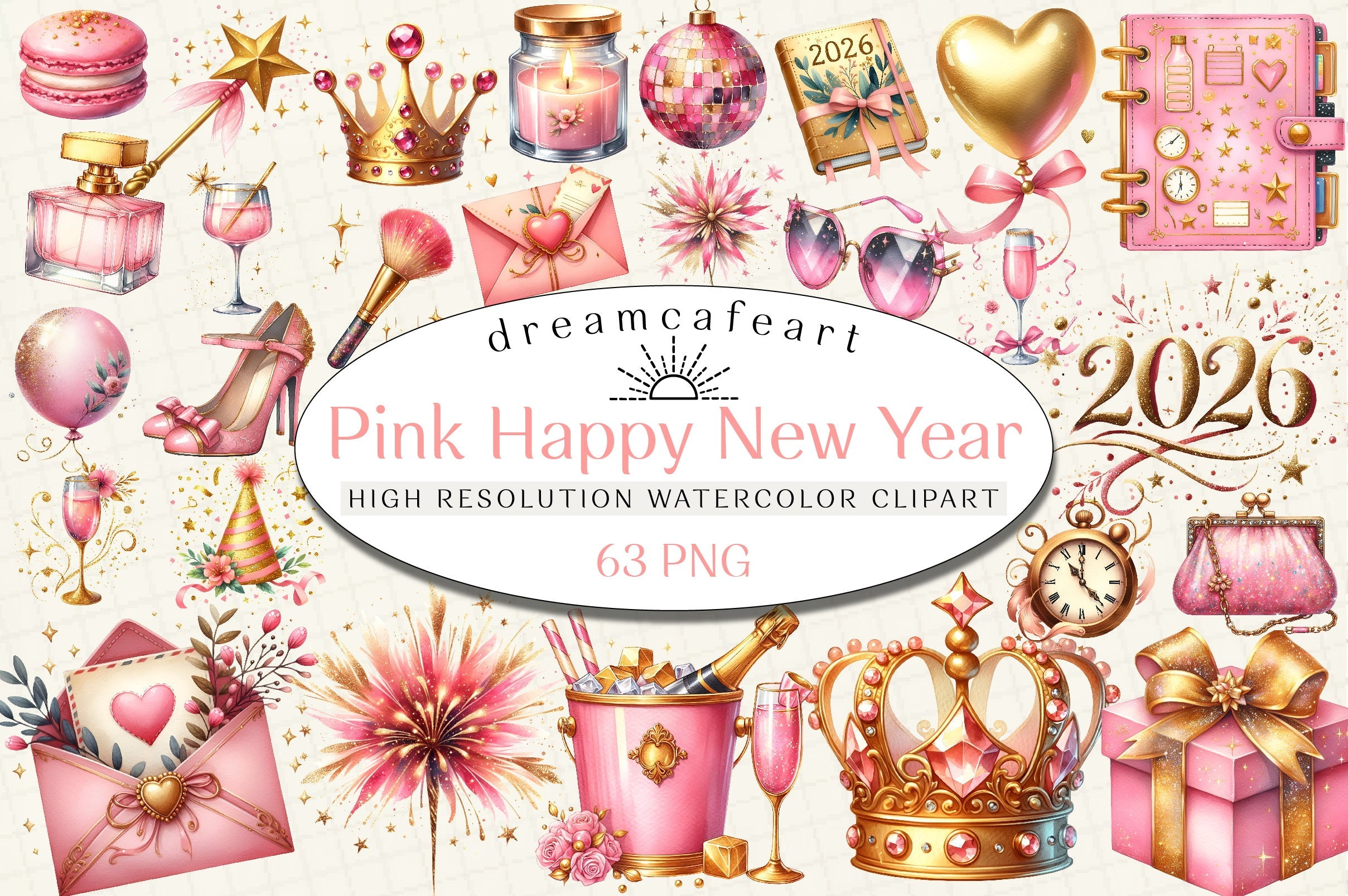 Pink Happy New Year Clipart Bundle