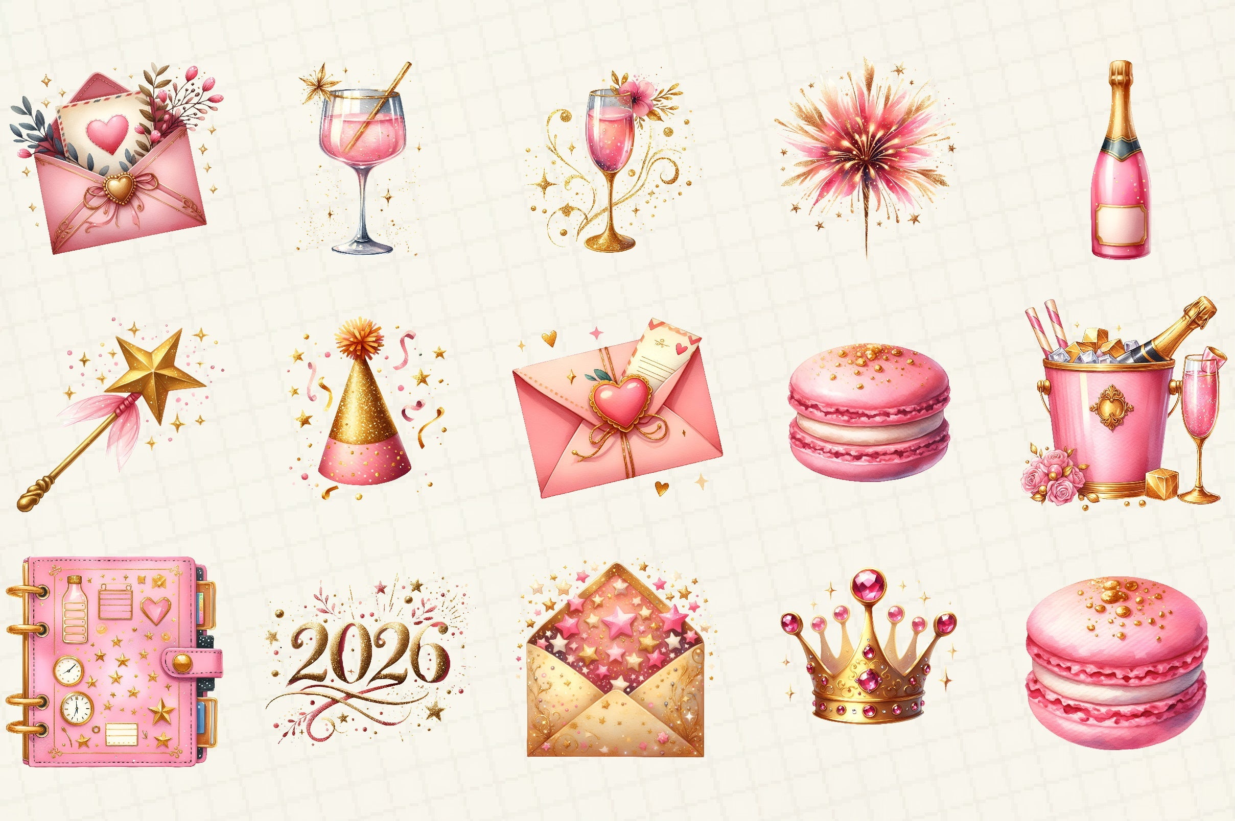Pink Happy New Year Clipart Bundle