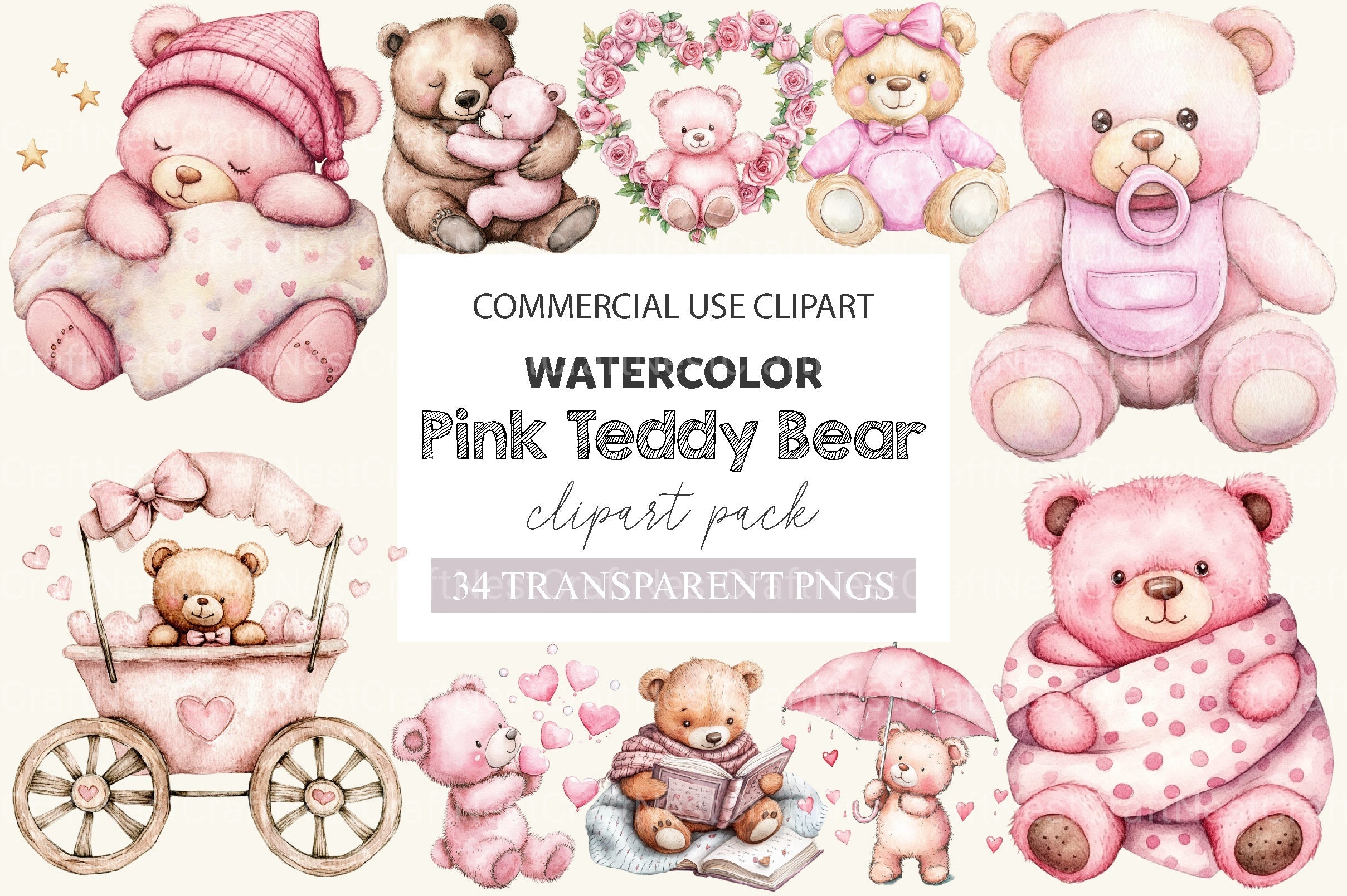 Pink Teddy Bear Baby Shower Clipart Bundle