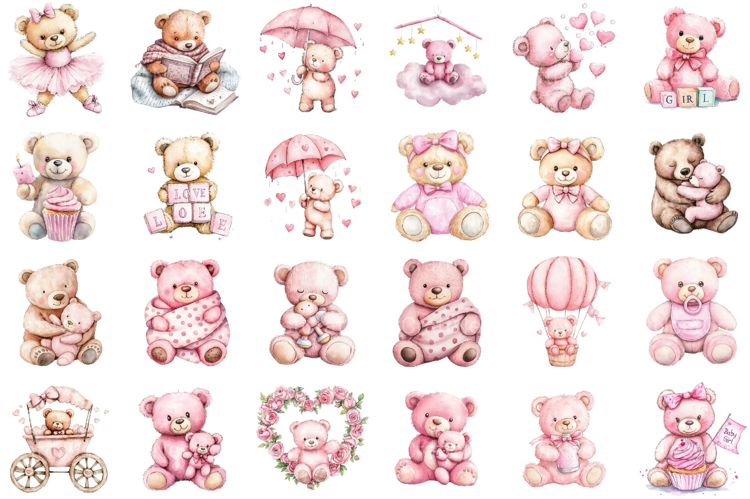 Pink Teddy Bear Baby Shower Clipart Bundle