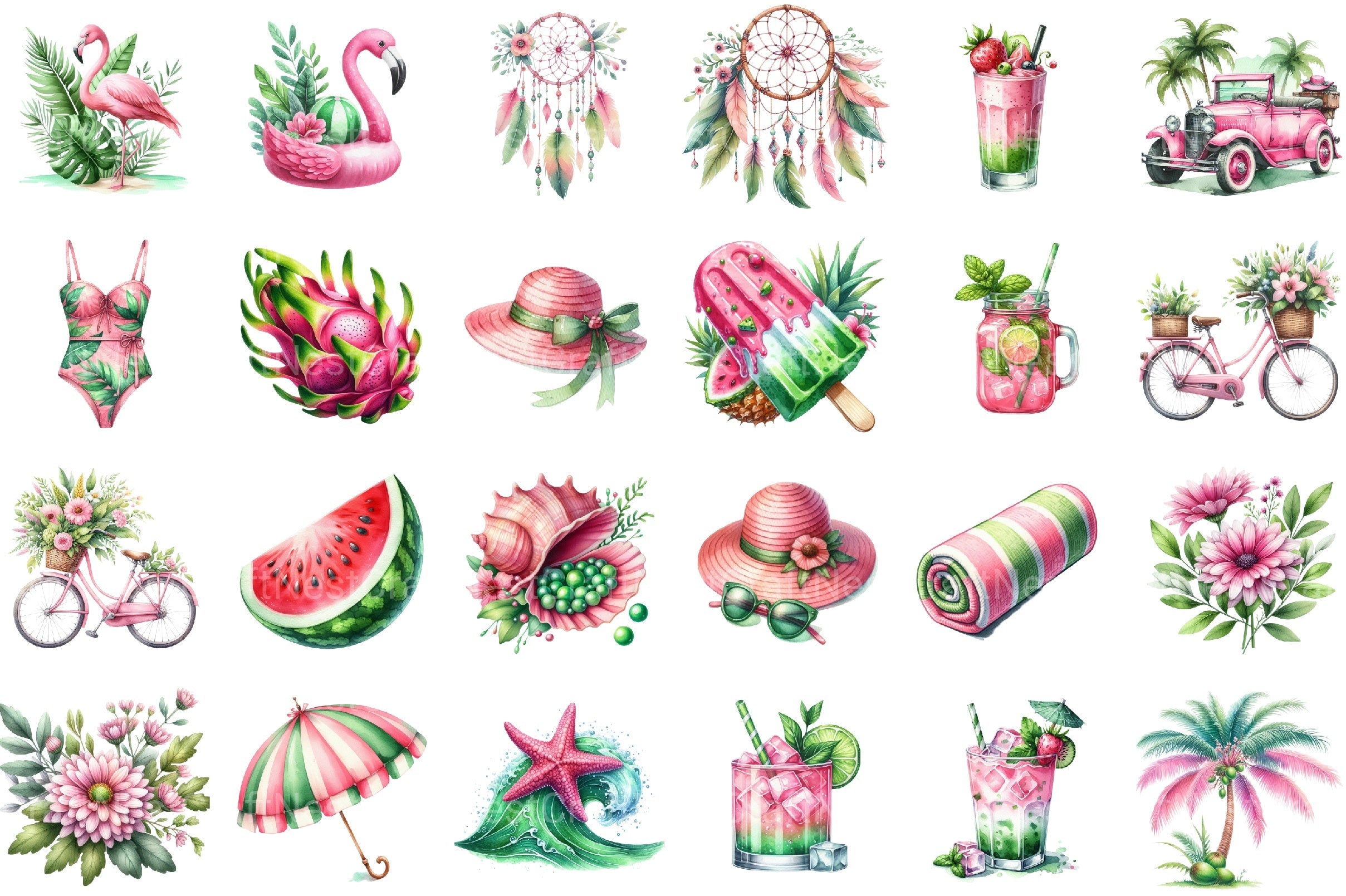 Pink And Green Summer Clipart Bundle 2