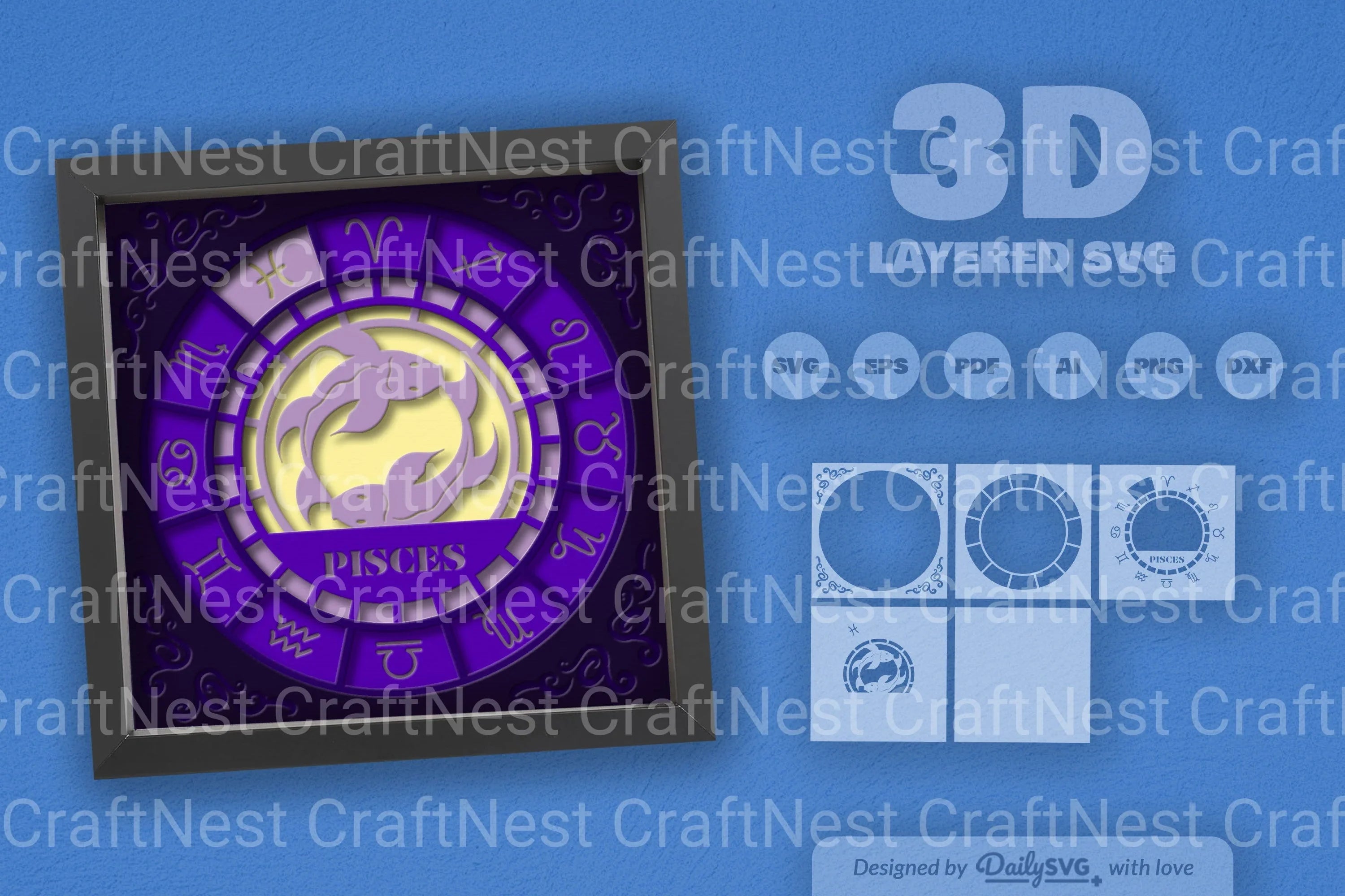 Pisces Zodiac 3D Shadow Box Papercut SVG Bundle