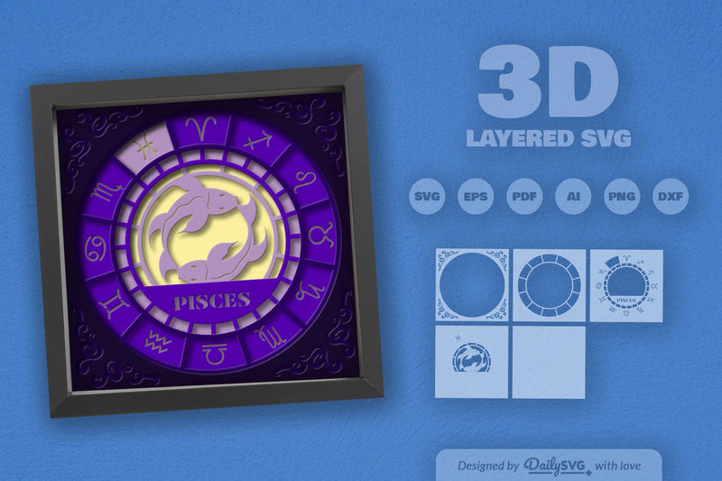 Pisces Zodiac 3D Shadow Box Papercut SVG Bundle - CraftNest - Digital Crafting and Art