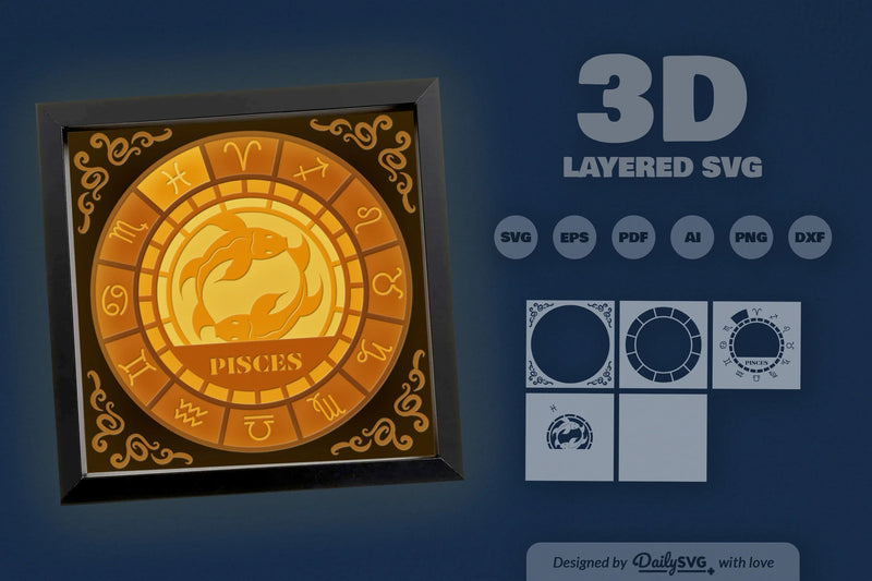 Pisces Zodiac 3D Shadow Box Papercut SVG Bundle - CraftNest - Digital Crafting and Art
