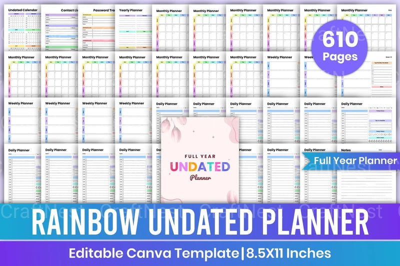 Rainbow Undated Planner for Daily Organization - CraftNest - Digital Crafting and Art