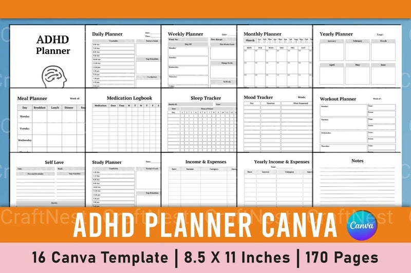 ADHD Planner Canva Template for Effective Organization - CraftNest - Digital Crafting and Art