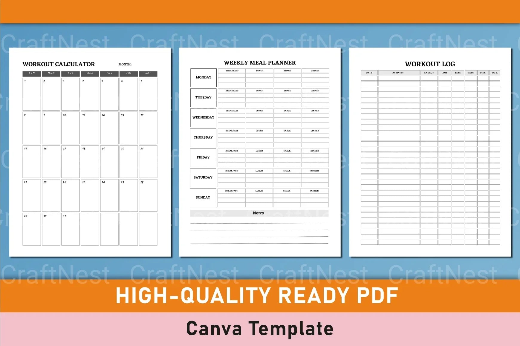 Customizable Fitness Planner Canva Template - CraftNest - Digital Crafting and Art