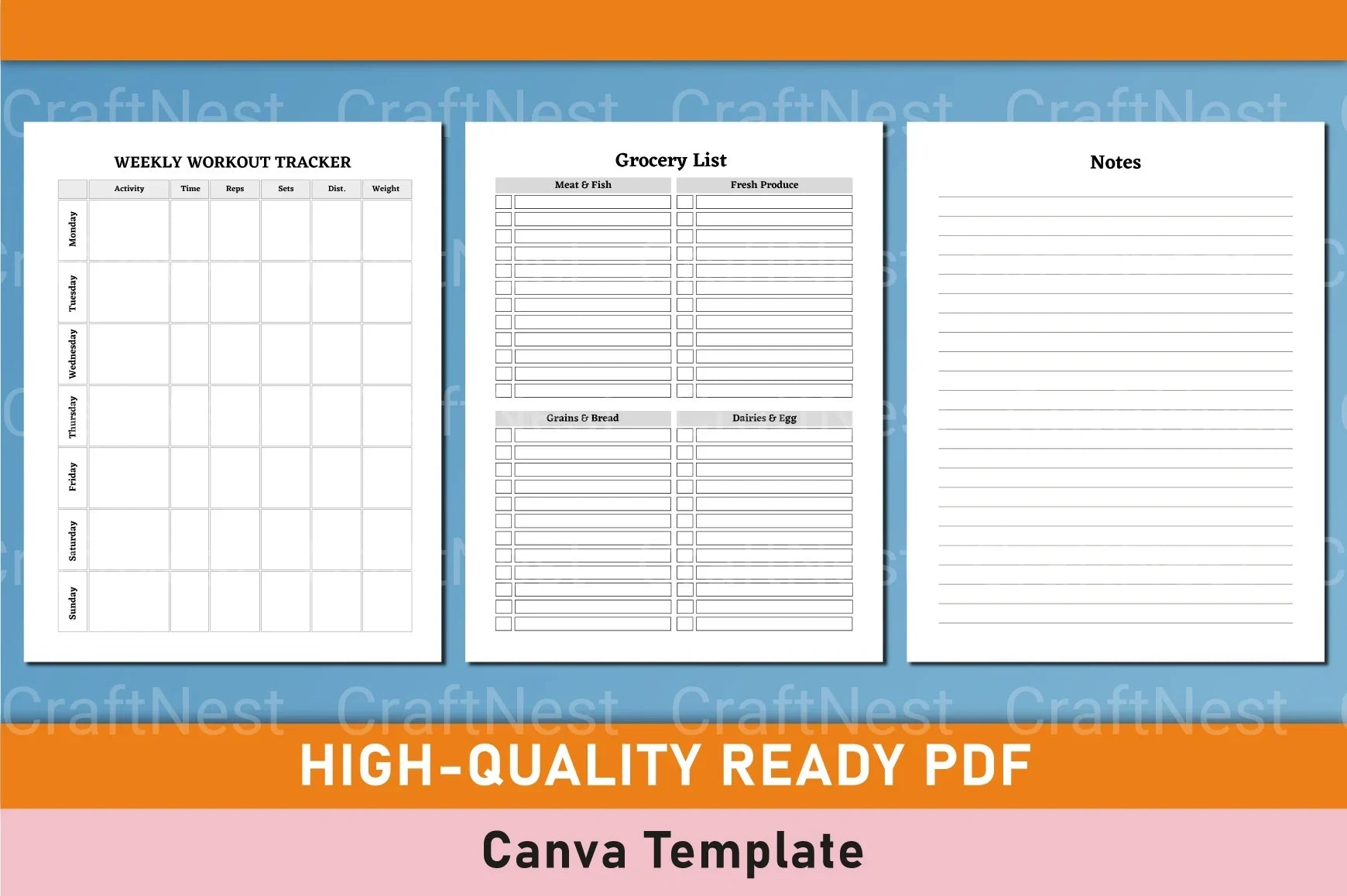 Customizable Fitness Planner Canva Template - CraftNest - Digital Crafting and Art