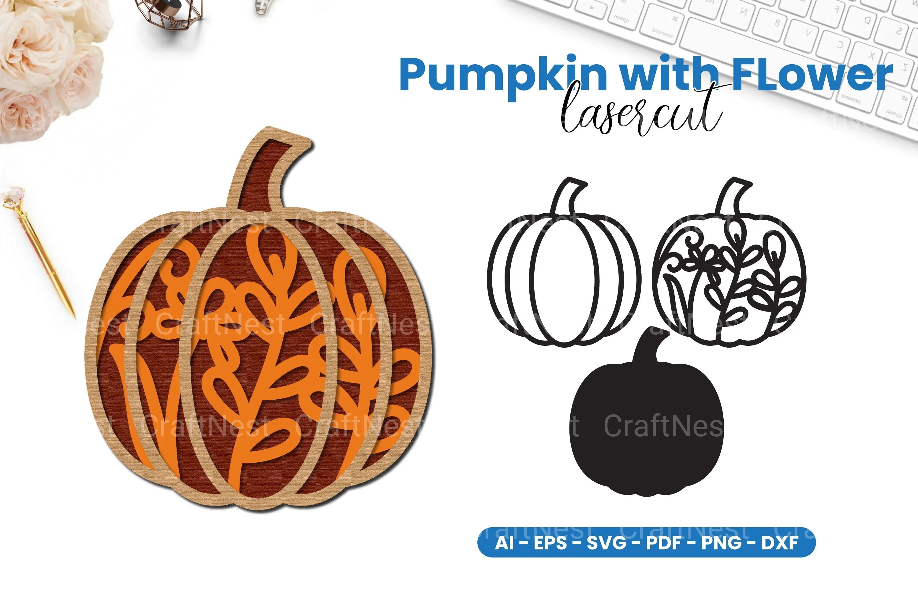 Pumpkin with Flower Lasercut SVG Bundle - CraftNest - Digital Crafting and Art
