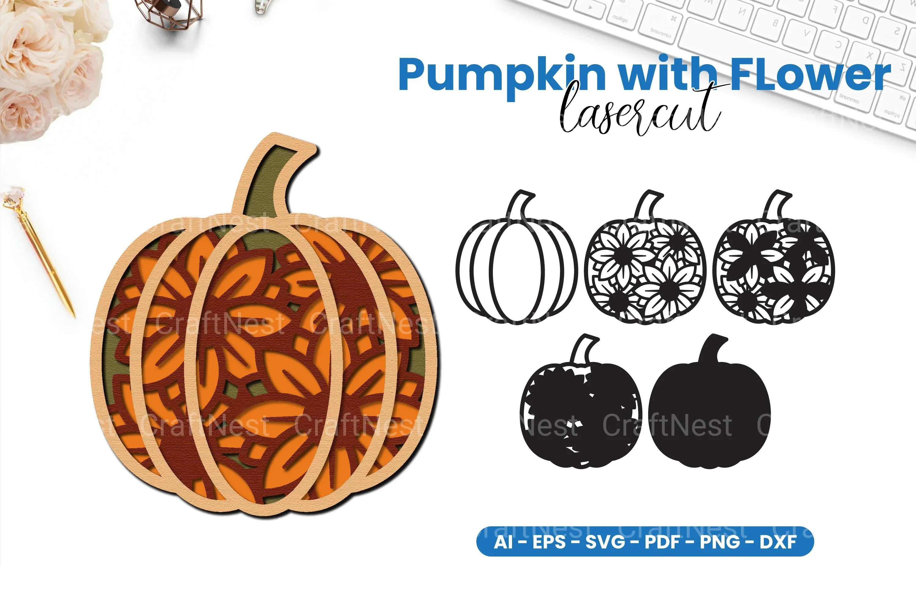 Pumpkin with Flower Lasercut SVG Bundle - CraftNest - Digital Crafting and Art