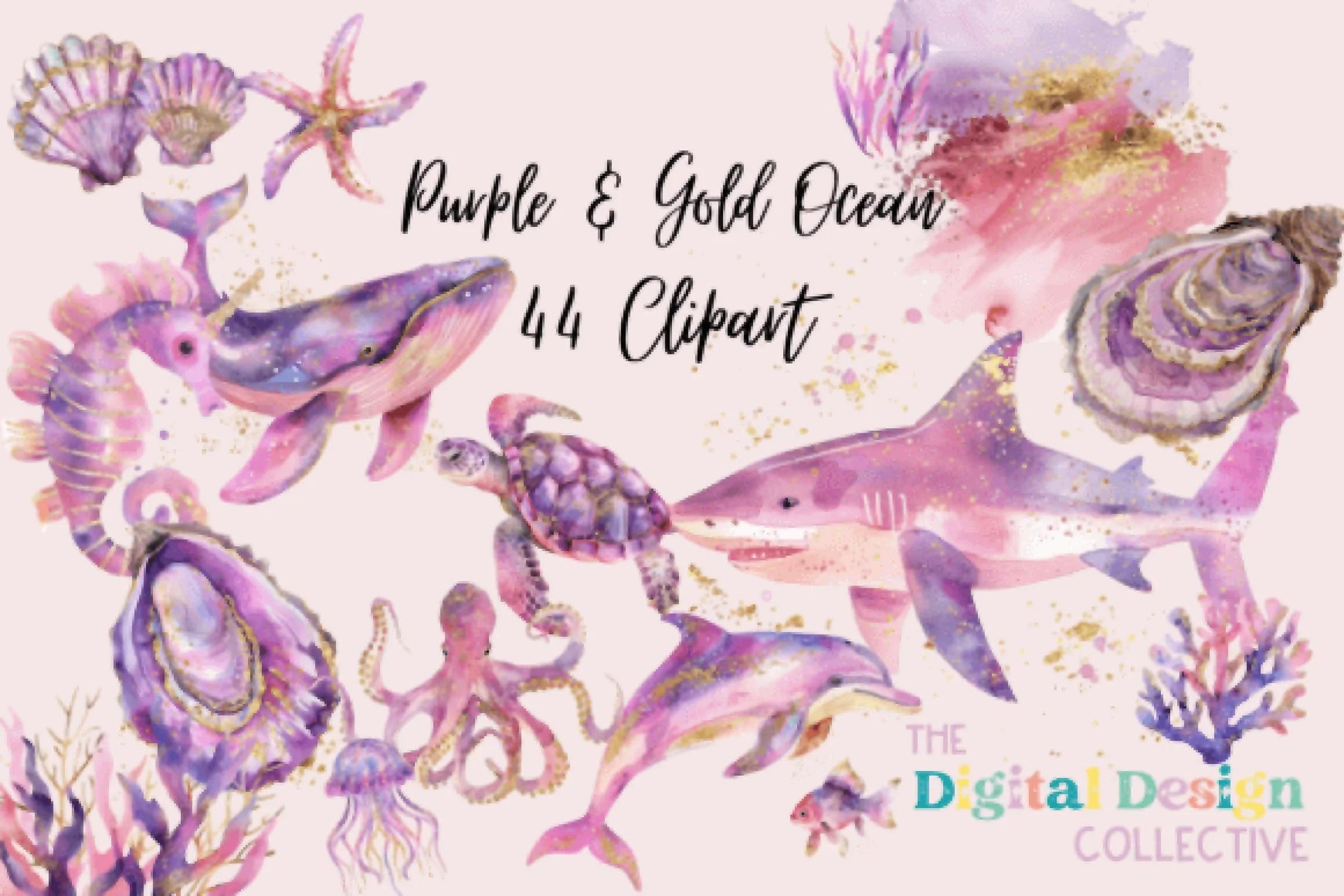 Whimsical Purple & Gold Ocean Clipart Bundle - CraftNest - Digital Crafting and Art