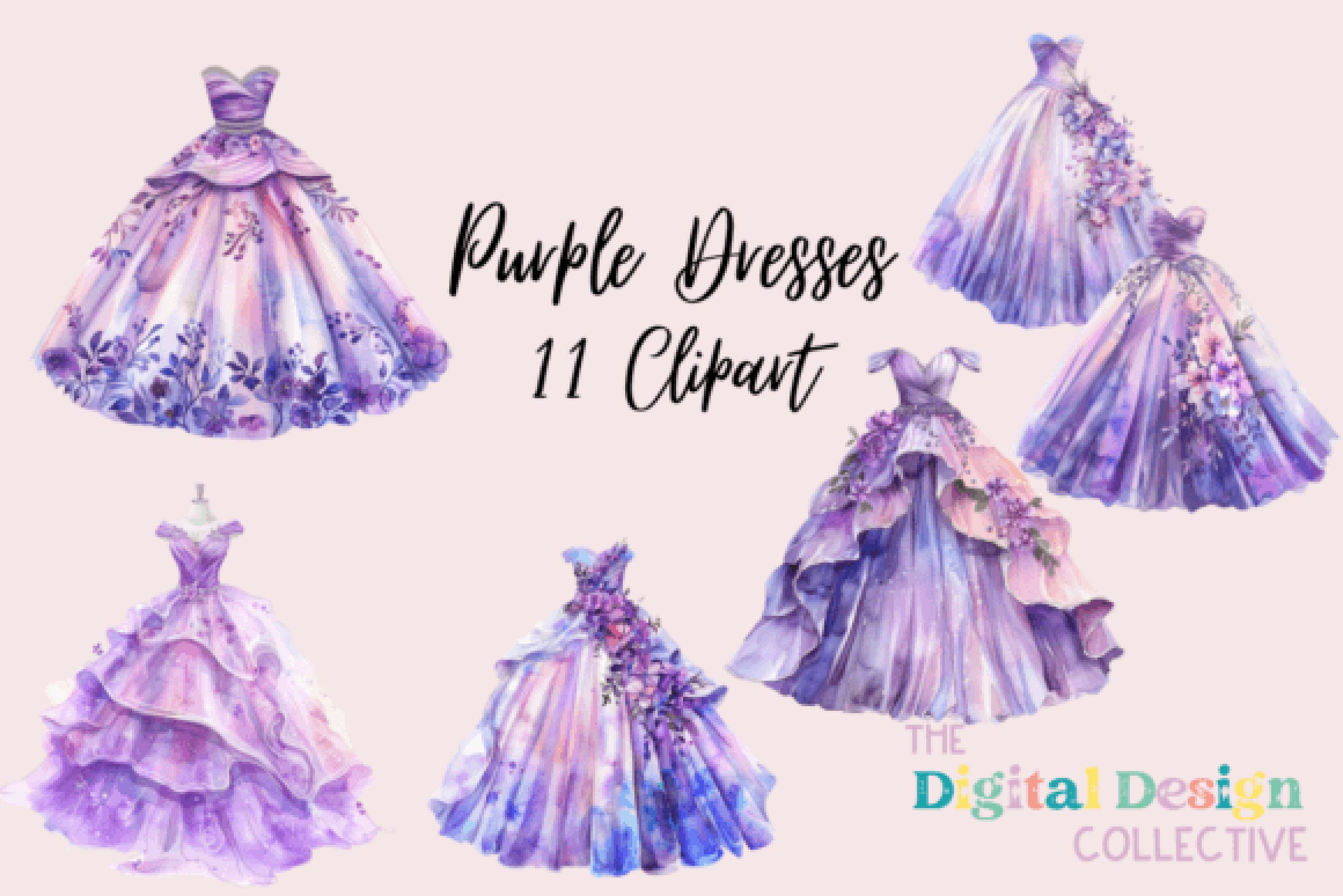 Purple Princess Dresses Clipart Bundle