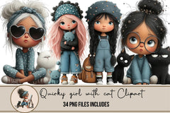 Quirky Girl with Cat Clipart Bundle - CraftNest - Digital Crafting and Art